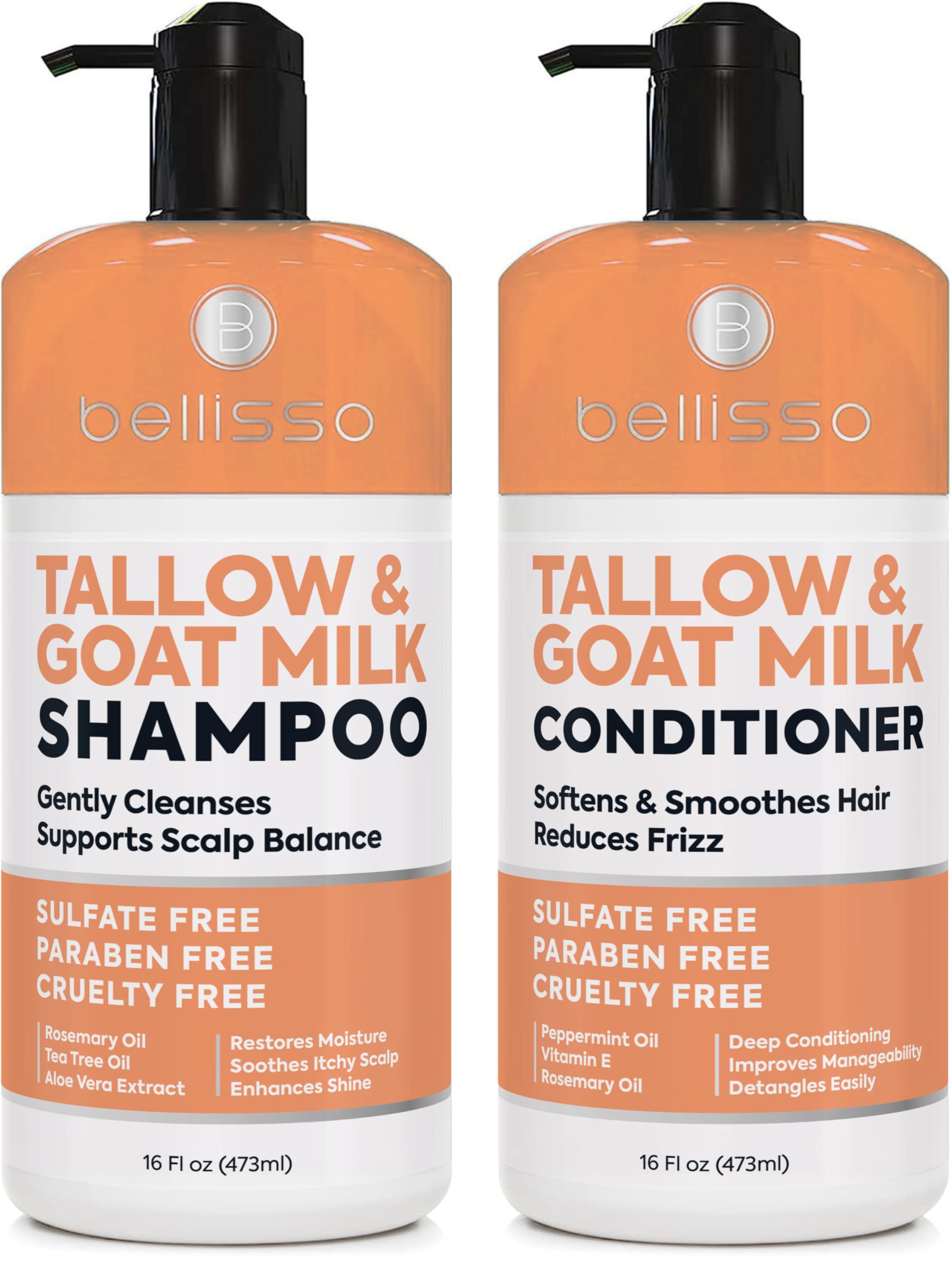 Bellisso beef tallow shampoo pouring for deep hydration and gentle cleansing.