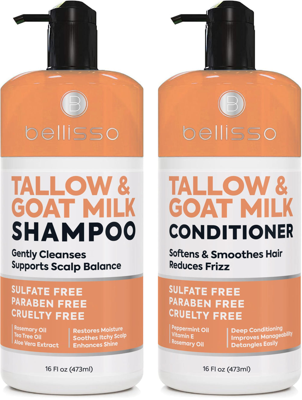 Bellisso beef tallow shampoo pouring for deep hydration and gentle cleansing.