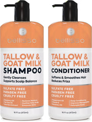 Bellisso beef tallow shampoo pouring for deep hydration and gentle cleansing.