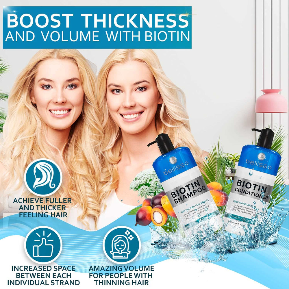 Bellisso biotin conditioner bottle promoting smoother hair with added volume.