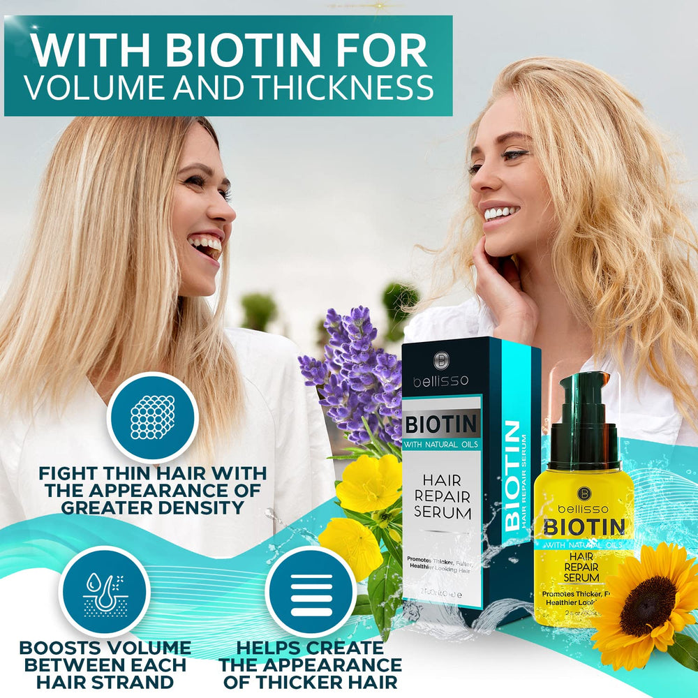 Bellisso Biotin Hair Serum dispensing pump enables easy, precise application for nourishment.