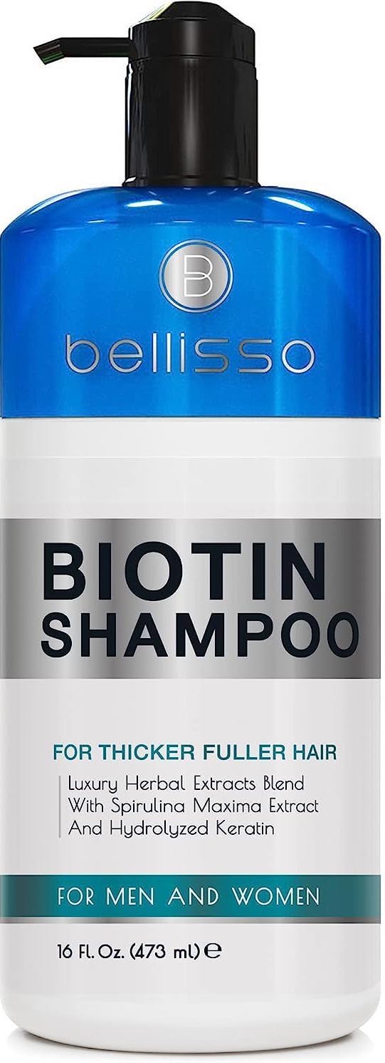 Bellisso Biotin Shampoo bottle front for boosted volume and clean scalp.