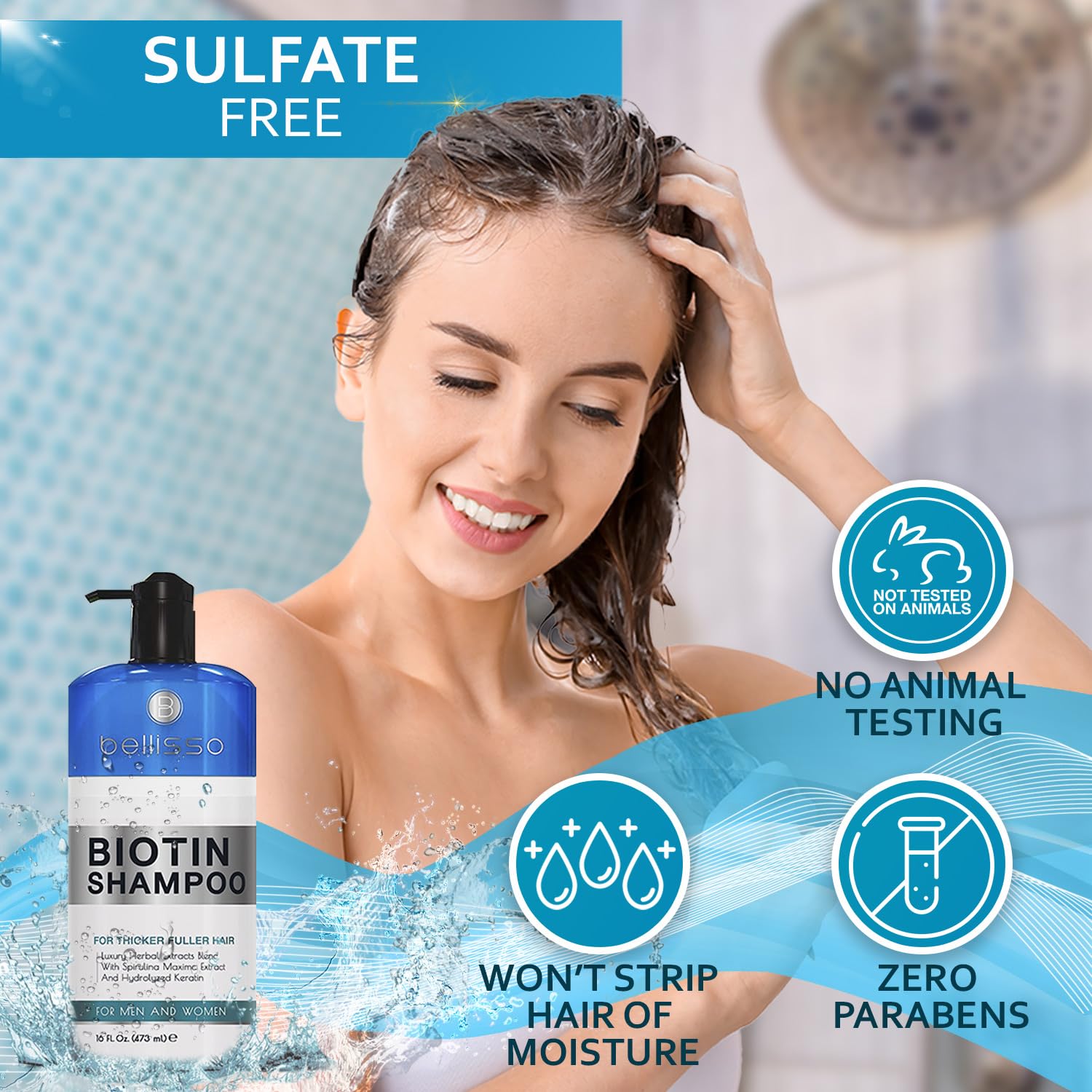 Bellisso Biotin Shampoo pump dispense shows convenient use and even application.
