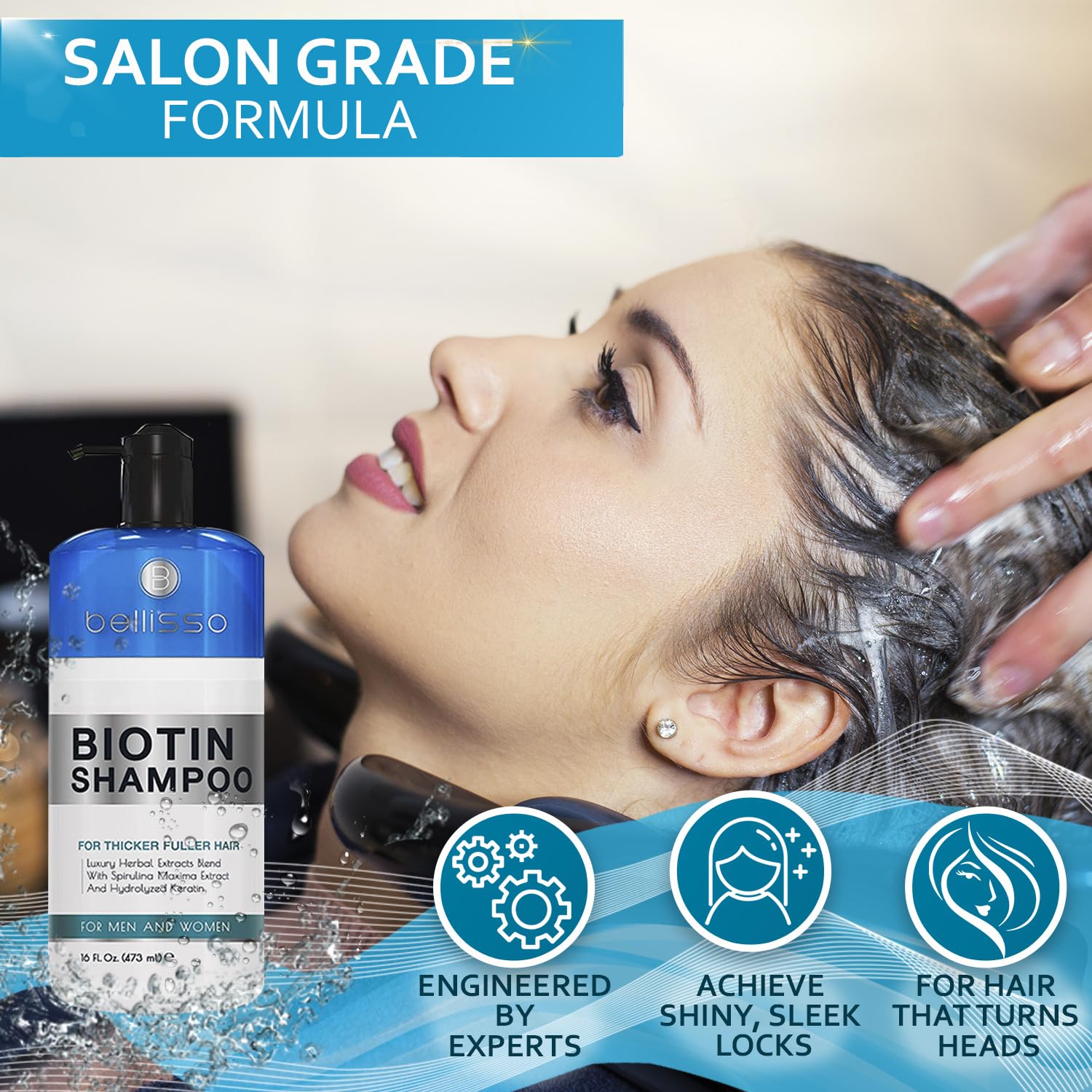 Bellisso Biotin Shampoo on wet hair ready to rinse for refreshed scalp.