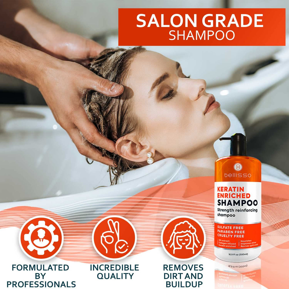 Bellisso Color-Safe Shampoo label confirms dye-safe formula for color-treated hair.