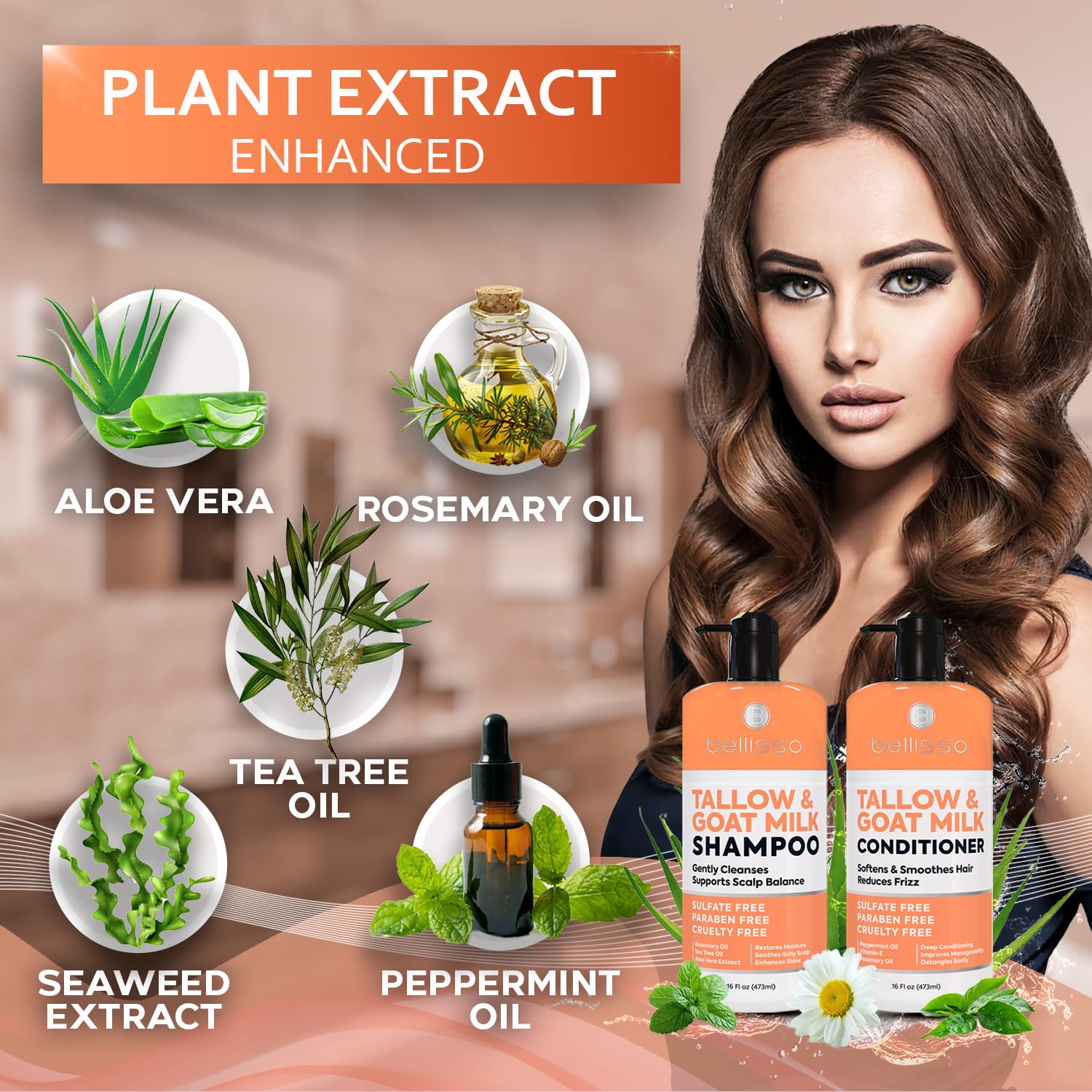 Bellisso conditioner bottle and hair strands showing smoothness and shine.