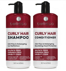 Bellisso curly shampoo bottle closeup highlighting color-safe, defining curls