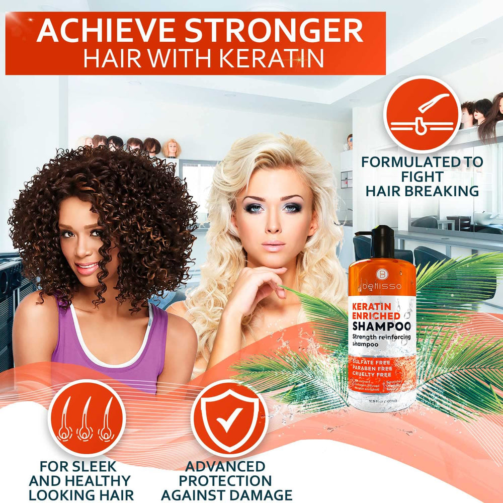 Bellisso Keratin Enriched Shampoo application-rinse demonstrates deep-clean and smooth results.