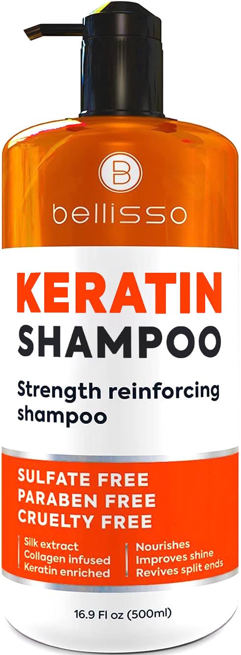 Bellisso Keratin Enriched Shampoo bottle-front for salon-grade repair and frizz control.