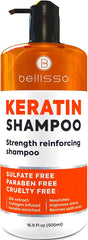 Bellisso Keratin Enriched Shampoo bottle-front for salon-grade repair and frizz control.