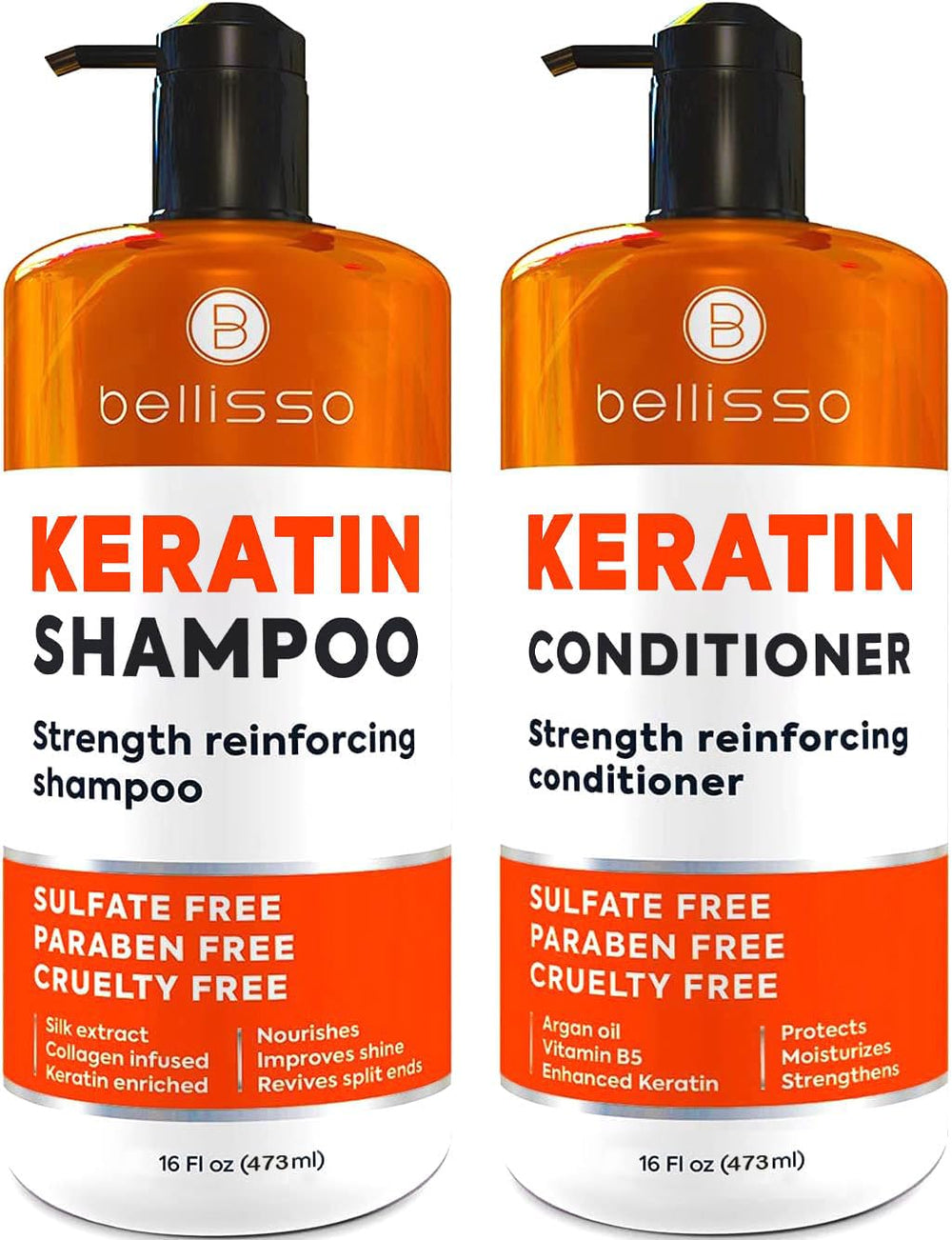 Bellisso keratin shampoo bottle for stronger, smoother hair.