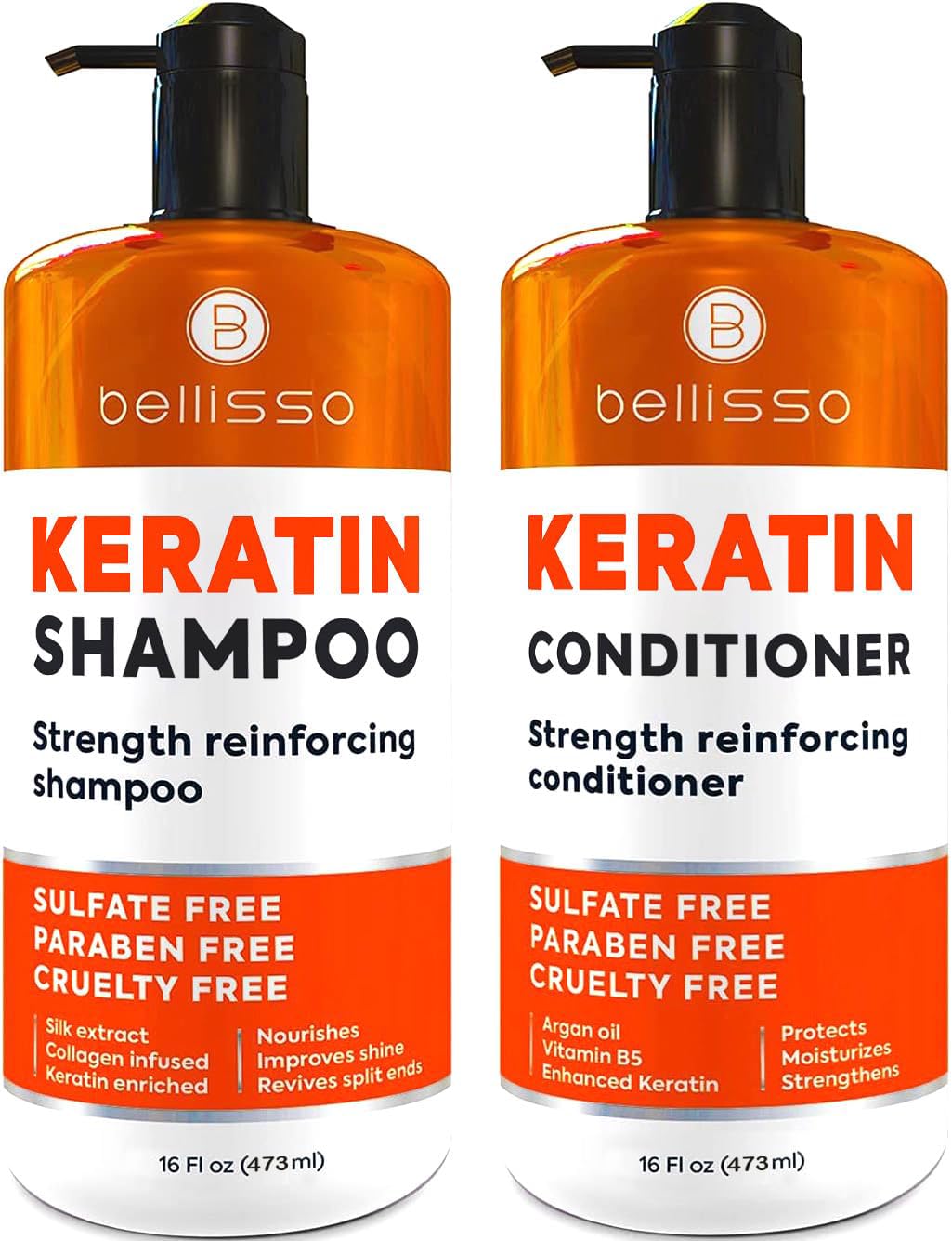 Bellisso keratin shampoo bottle for stronger, smoother hair.
