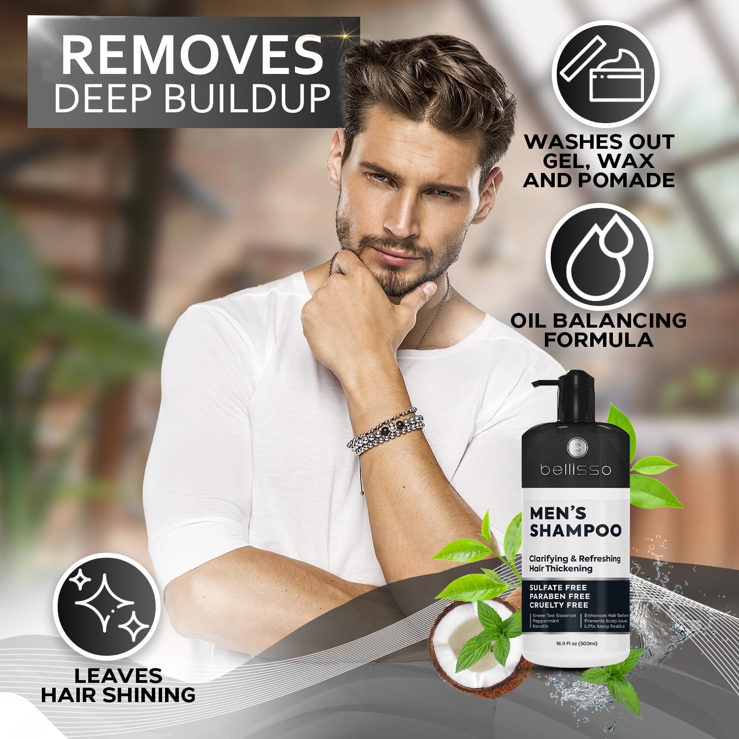 Bellisso Men shampoo bottle with peppermint delivers a cooling scalp feel and invigorating scent.