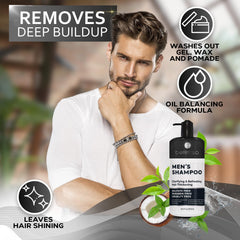 Bellisso Men shampoo bottle with peppermint delivers a cooling scalp feel and invigorating scent.