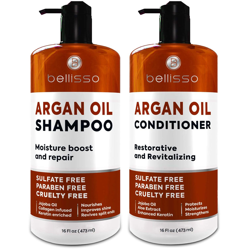 Bellisso Moroccan Argan Shampoo bottle pour delivering salon-grade shine.