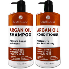 Bellisso Moroccan Argan Shampoo bottle pour delivering salon-grade shine.