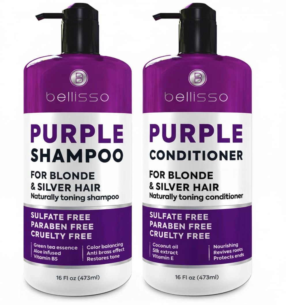 Bellisso purple shampoo bottle pour for brassy-free, even-toned blonde results.