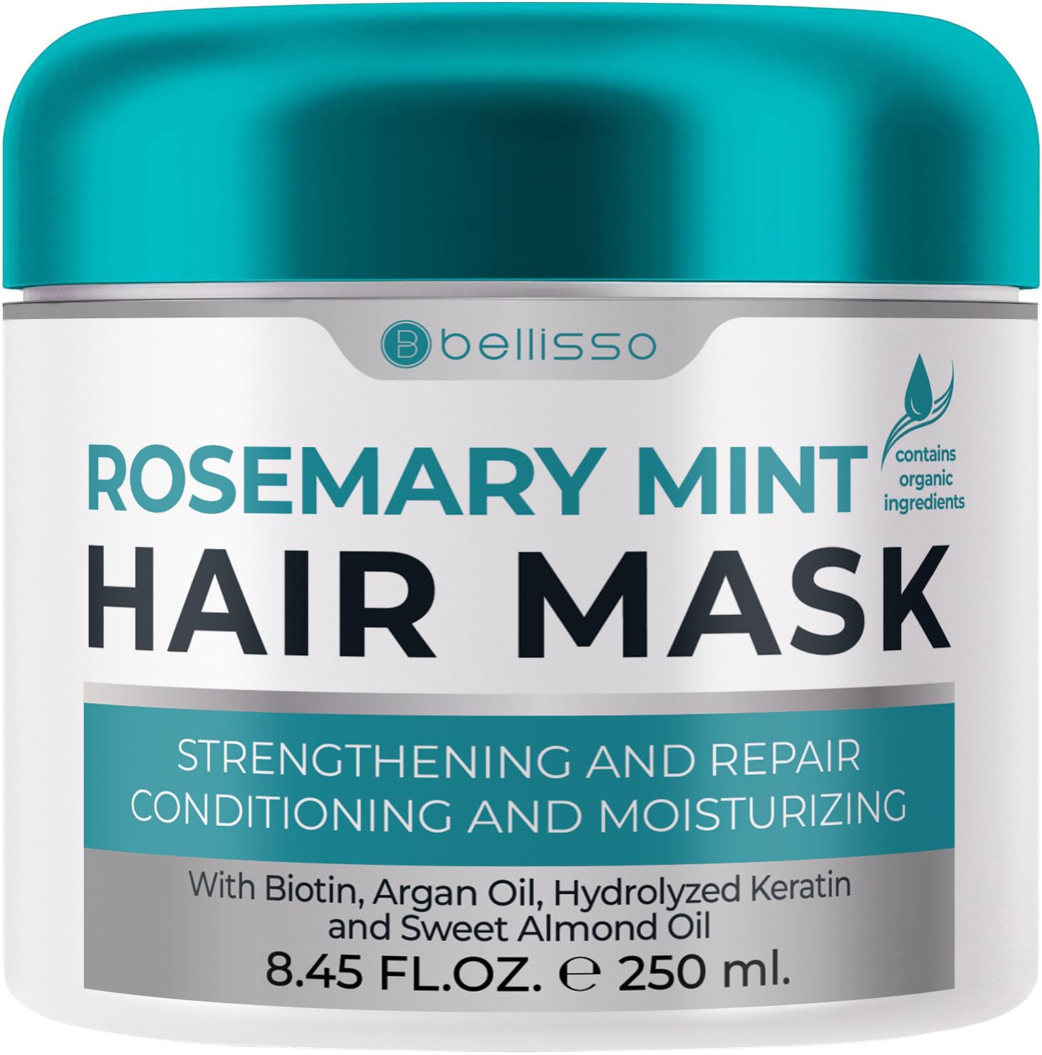 Bellisso rosemary mint oil hair mask bottle demonstrates premium deep conditioning