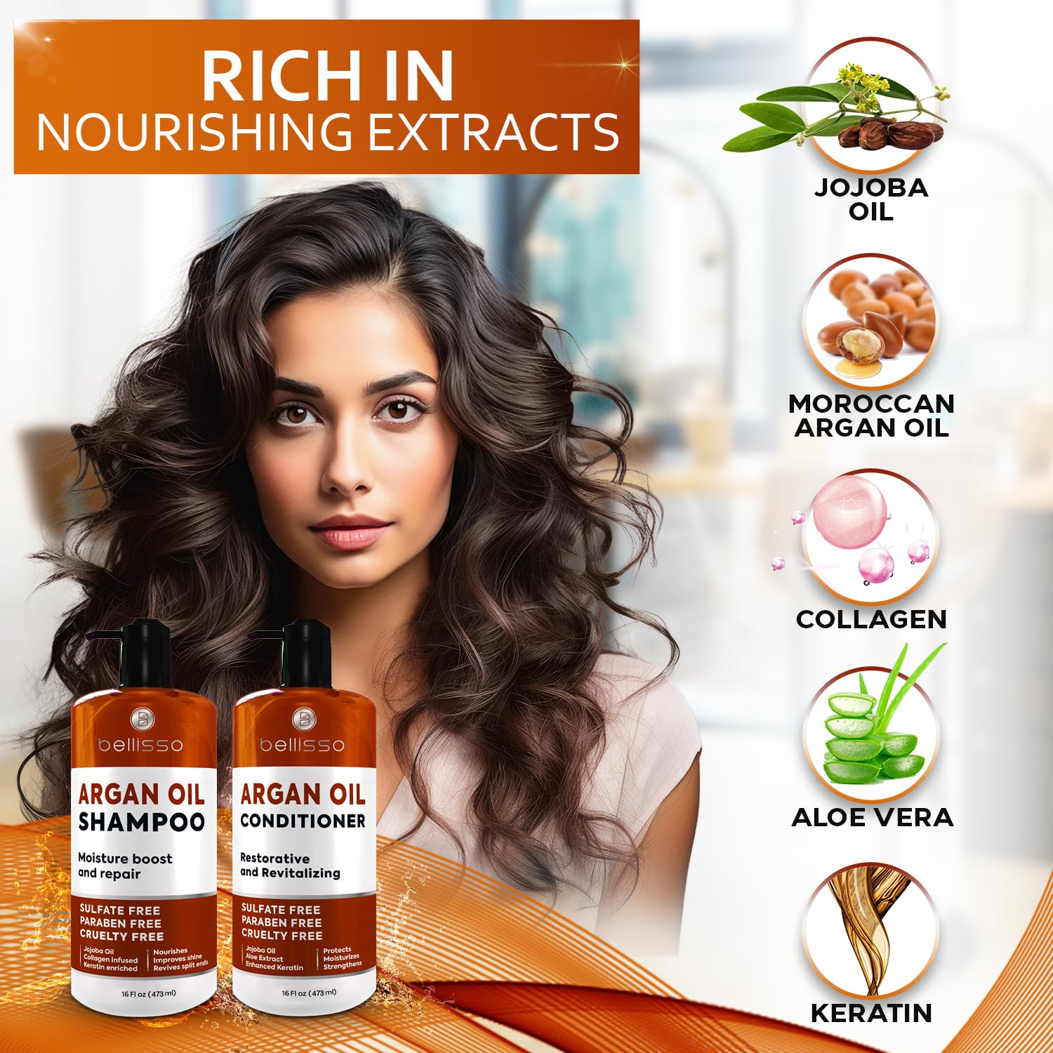 Bellisso salon-grade Moroccan Argan hair closeup showcases healthy shine.