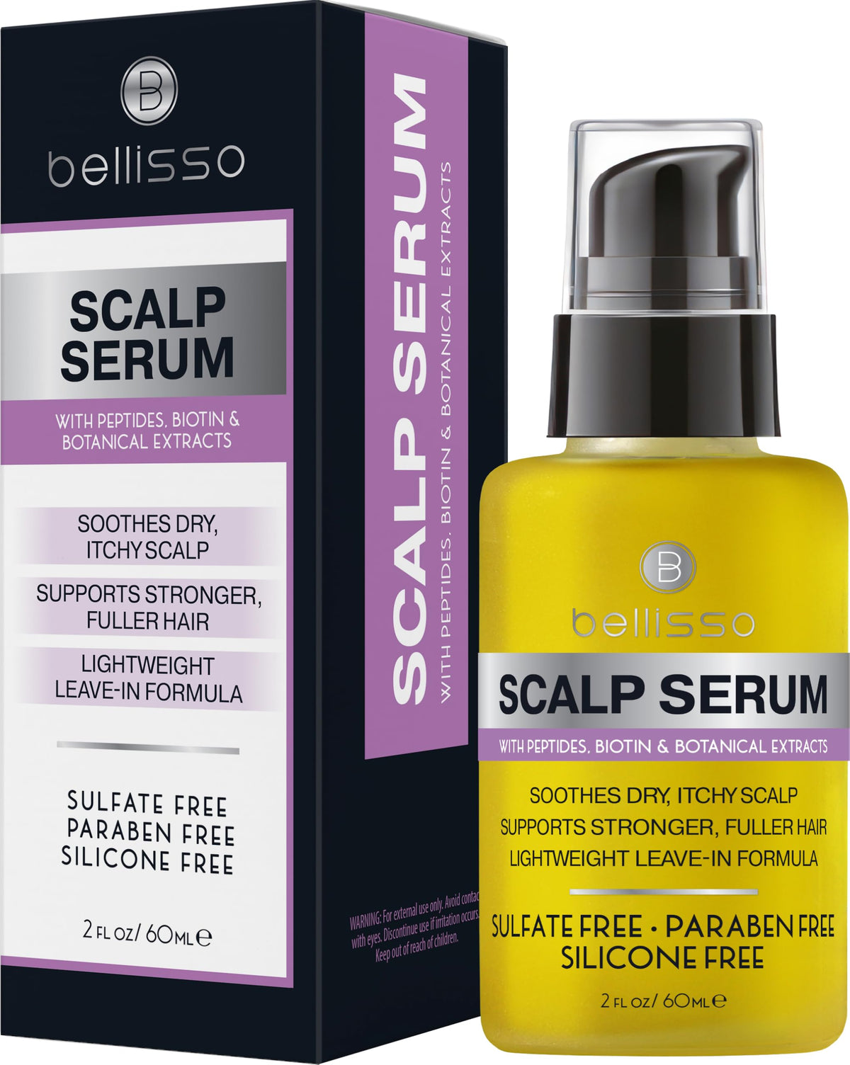 Bellisso Scalp Serum bottle pour signaling potential itch relief and dandruff control.
