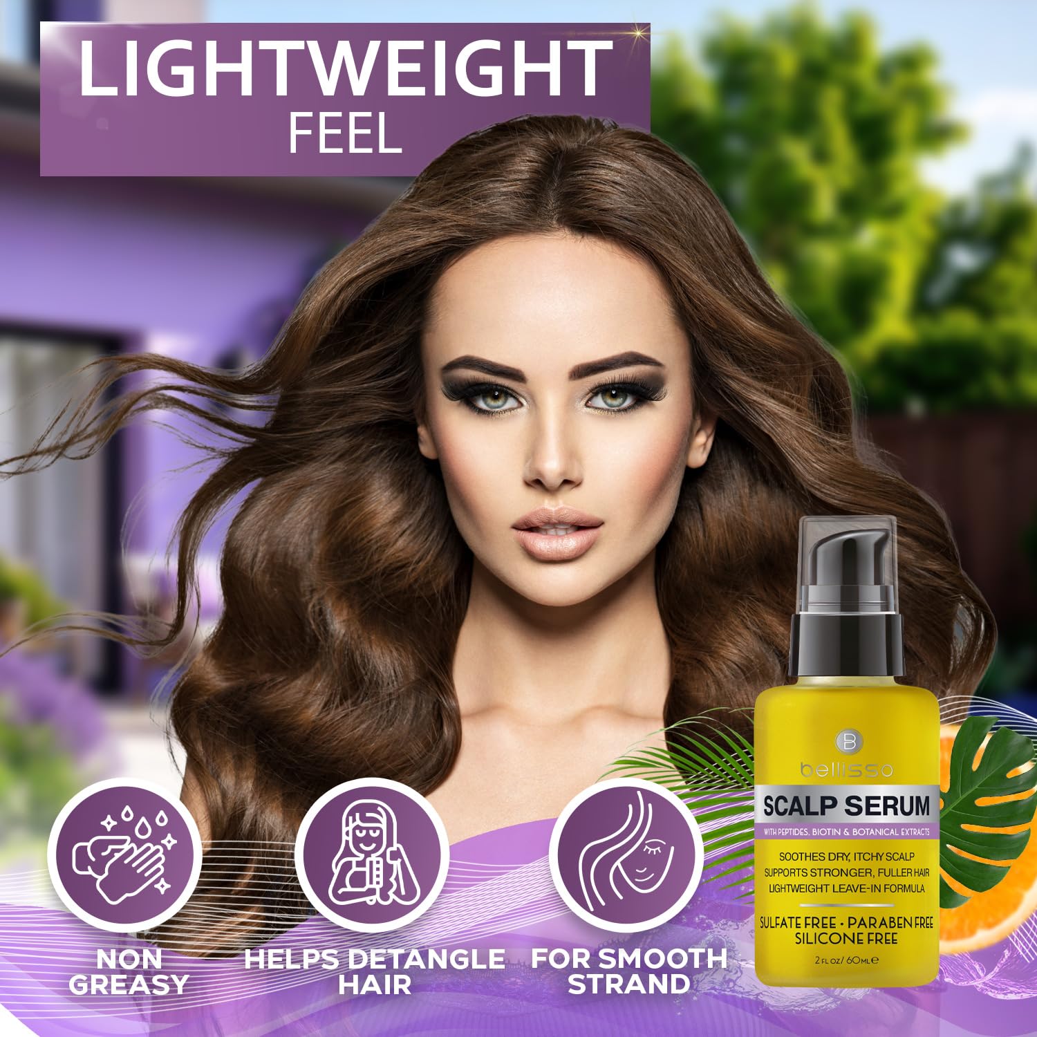 Bellisso Scalp Serum imagery highlights dandruff relief and daily scalp care.