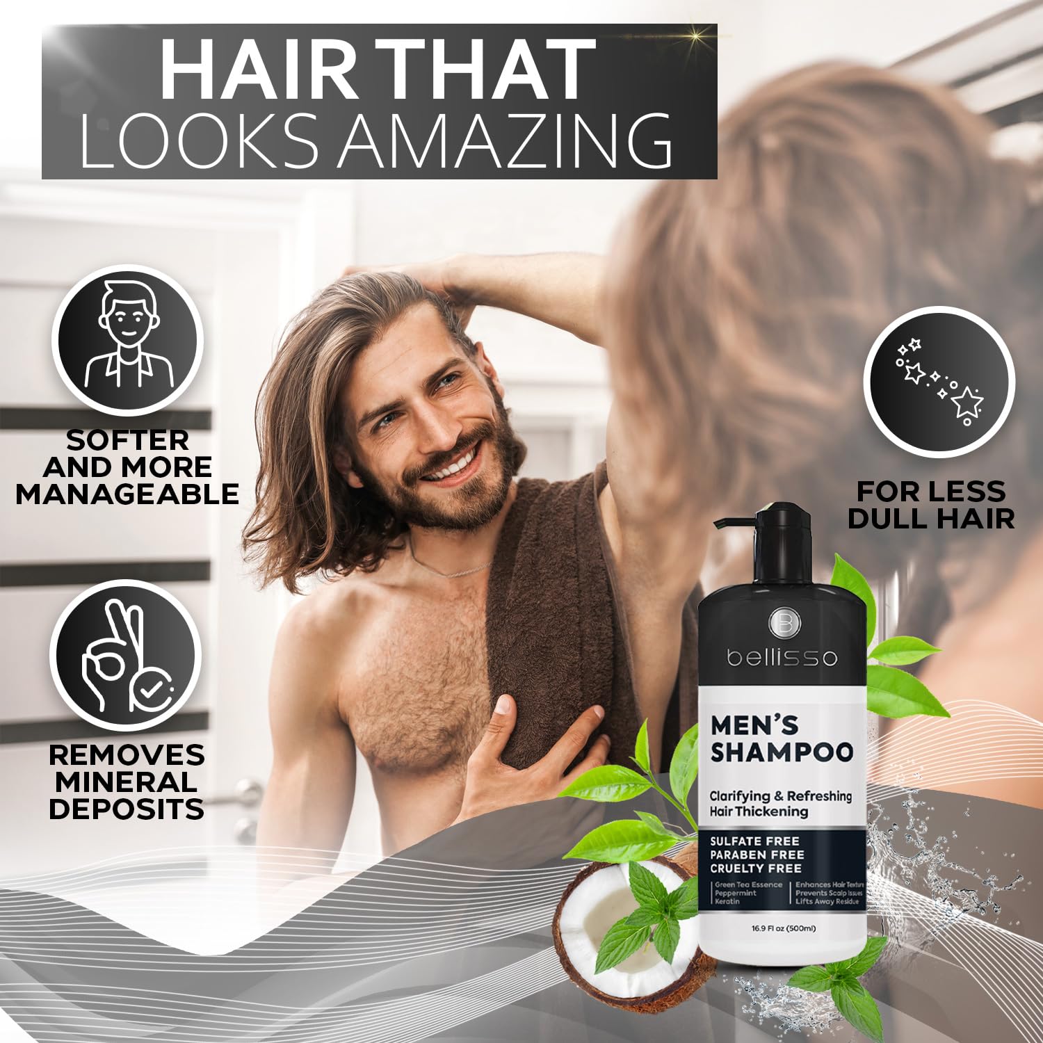 Bellisso hair care showing volumizing effect on oily hair after washing.