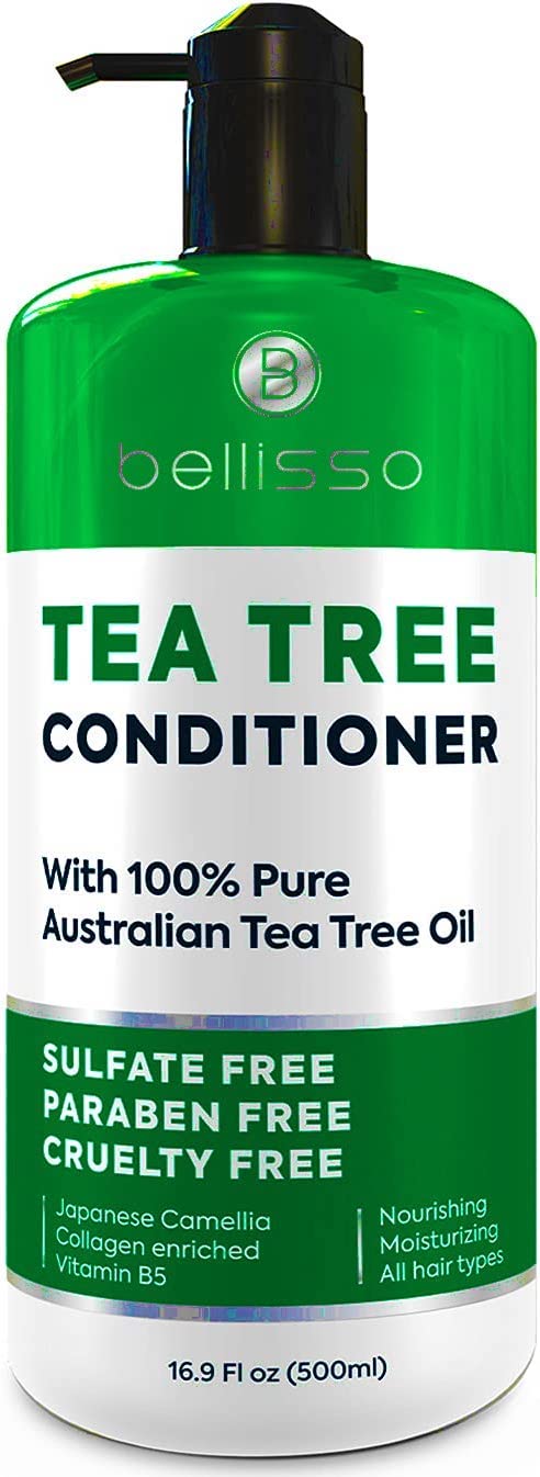 Bellisso tea tree oil conditioner bottle shows sulfate-free formula for itchy scalp relief