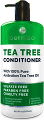 Bellisso tea tree oil conditioner bottle shows sulfate-free formula for itchy scalp relief