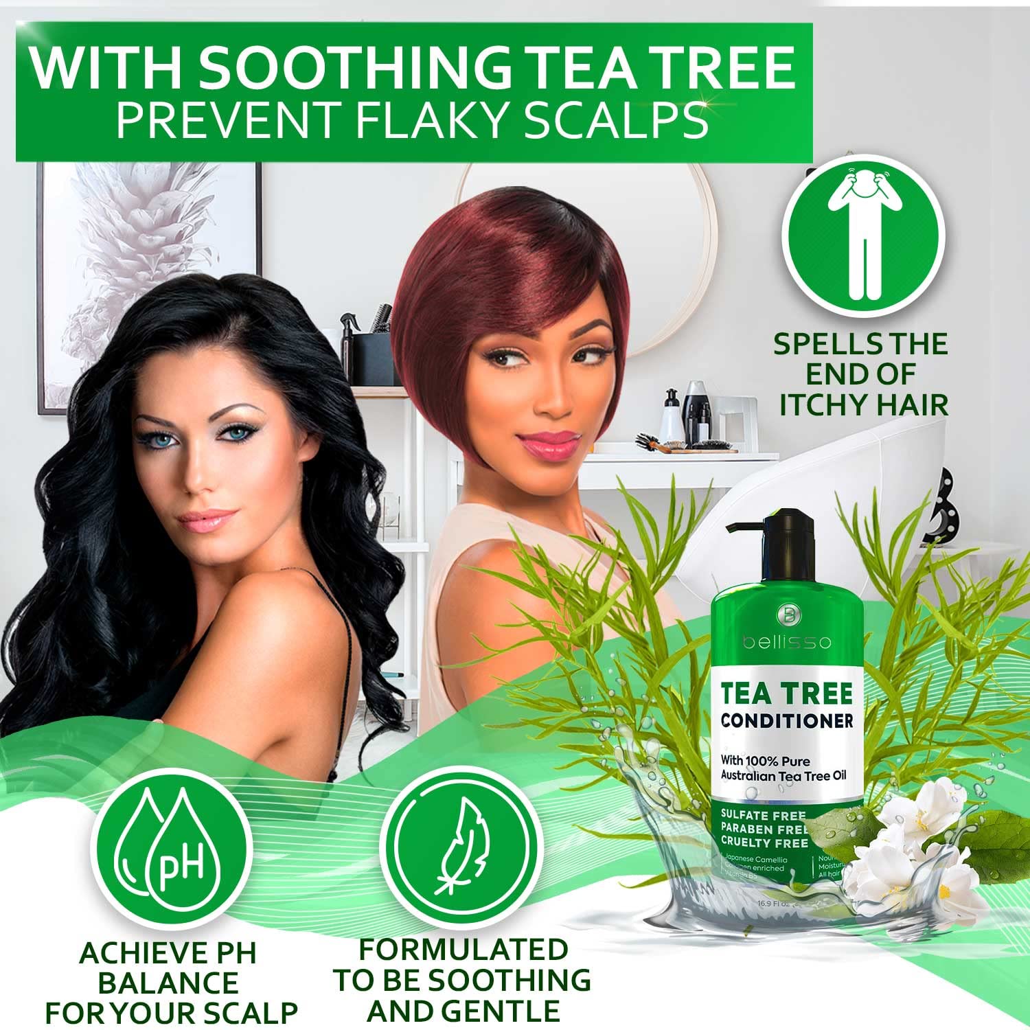 Bellisso tea tree oil conditioner label highlights cruelty-free and paraben-free ingredients