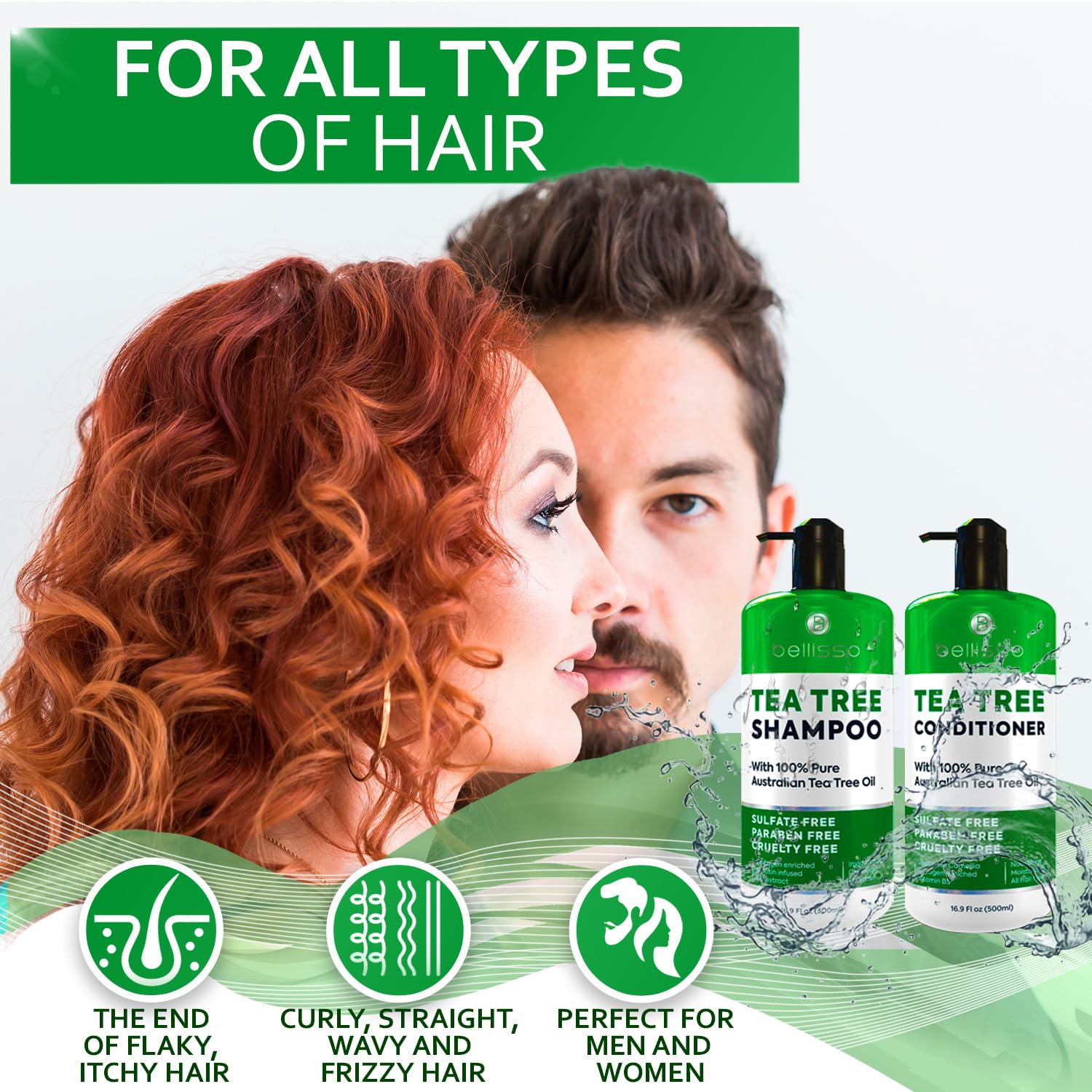 Bellisso Tea Tree product packshot featuring all-in-one dandruff solution set.