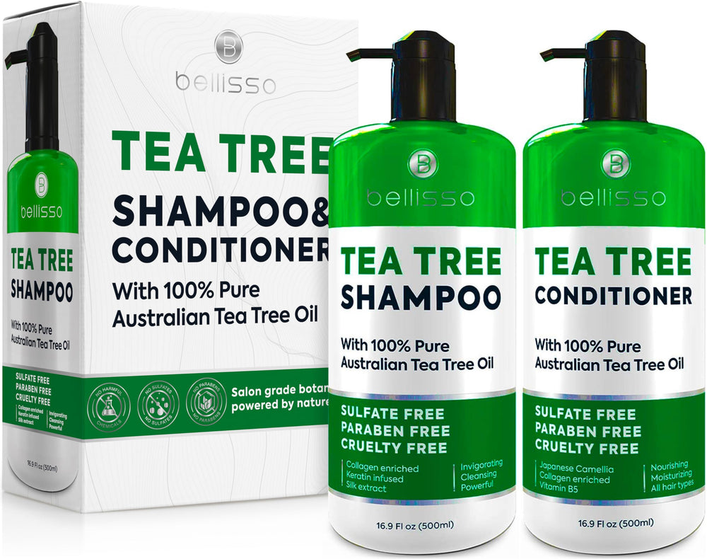 Bellisso Tea Tree Set front view showcases sulfate-free, paraben-free formula.