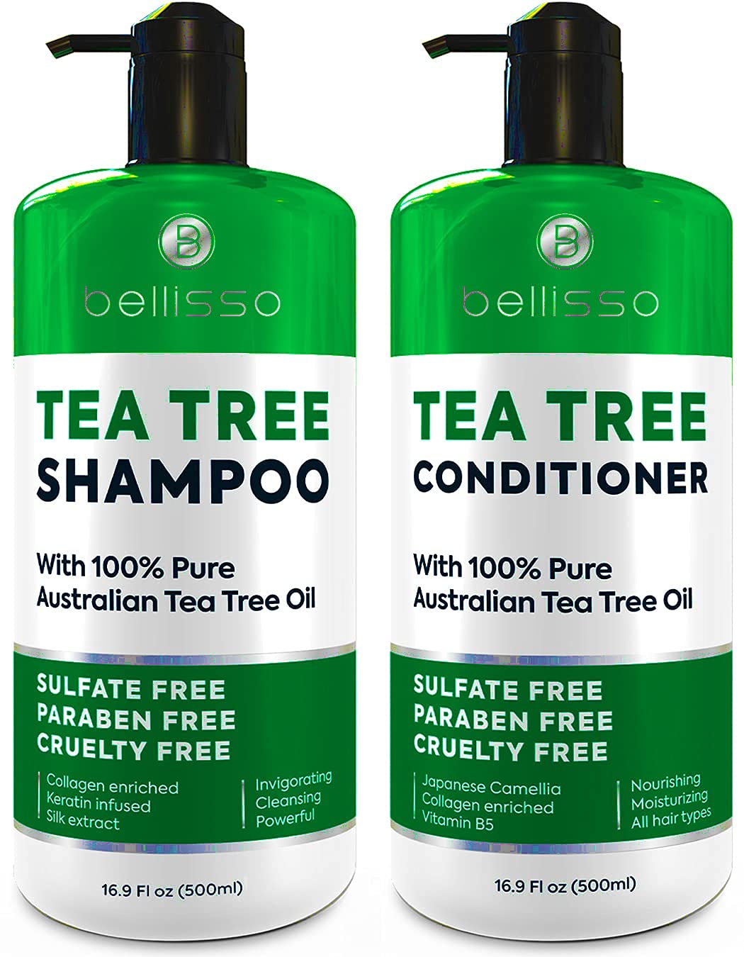 Bellisso Tea Tree Shampoo bottle closeup highlights soothing formula for irritated scalps.