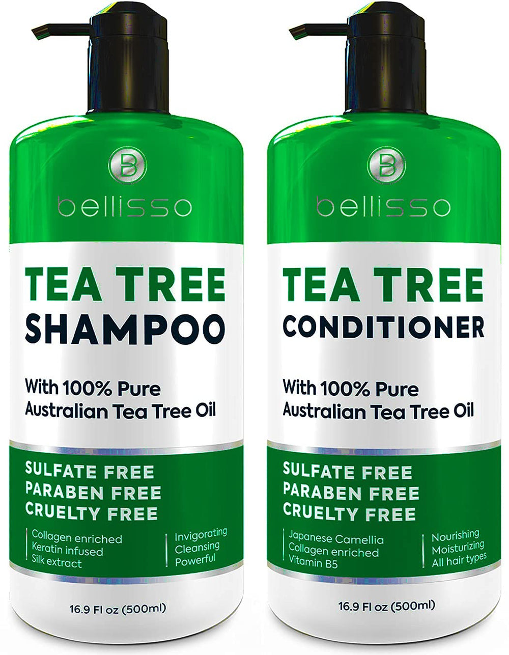 Bellisso Tea Tree Shampoo bottle closeup highlights soothing formula for irritated scalps.