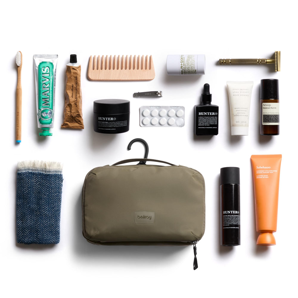 Bellroy Hanging Toiletry Kit SeaKelp aluminum hook enables hanging over doors and rails.