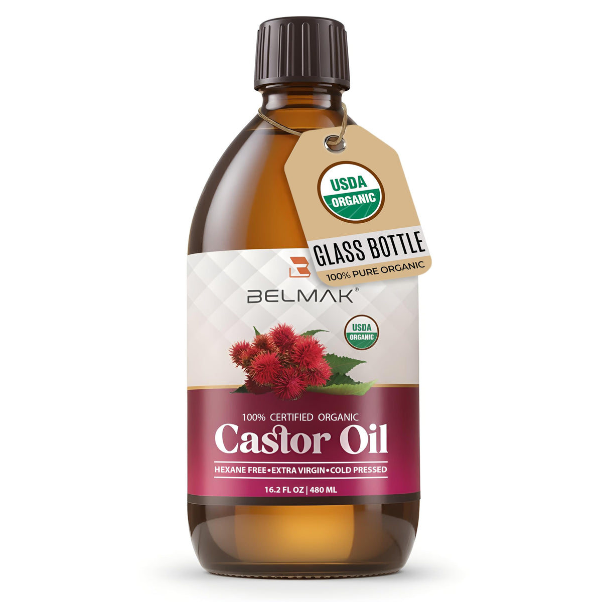 BELMAK castor oil glass bottle 16oz shows pure, eco-friendly packaging for hair and skin care.