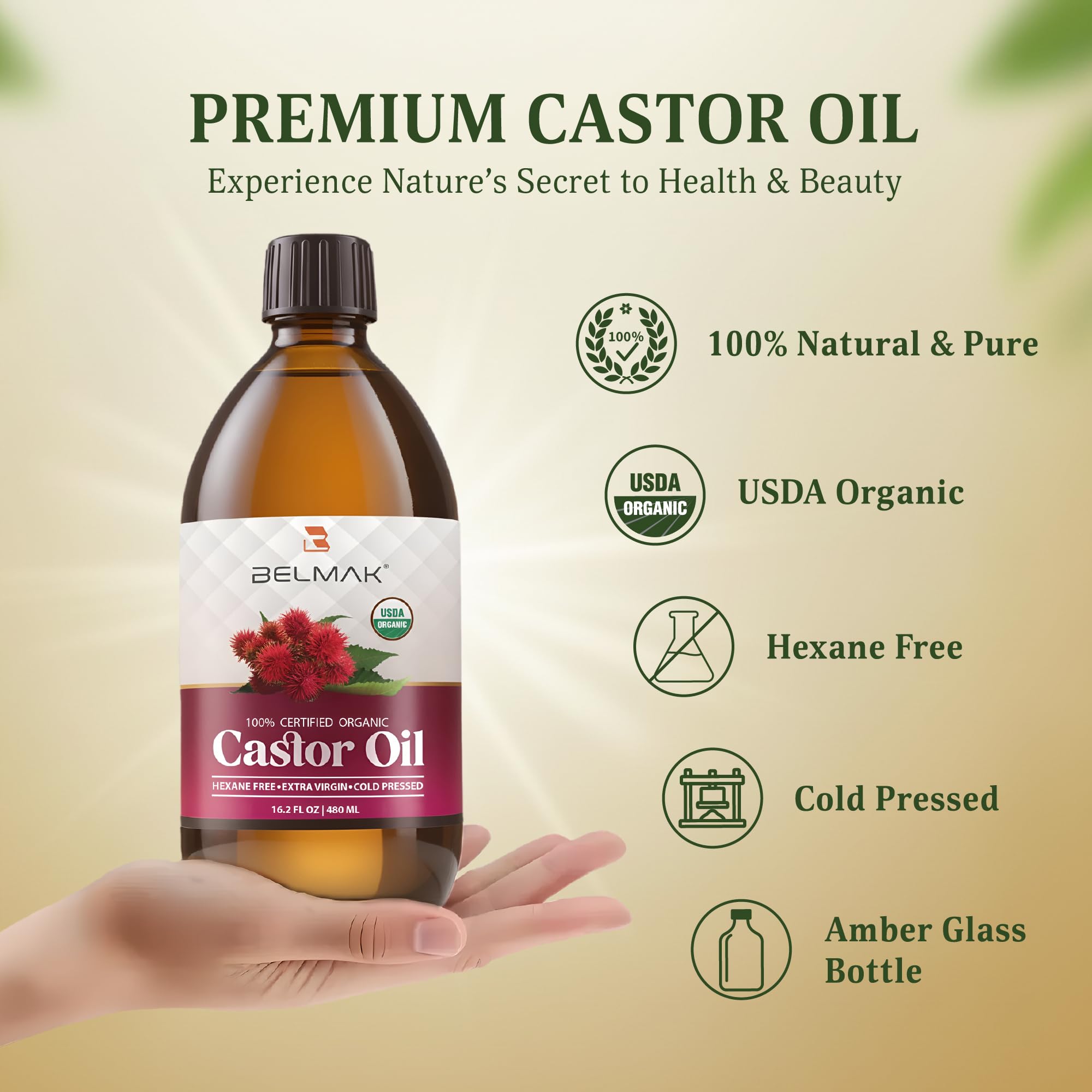 BELMAK castor oil hexane-free closeup highlighting cold-pressed purity and safety.
