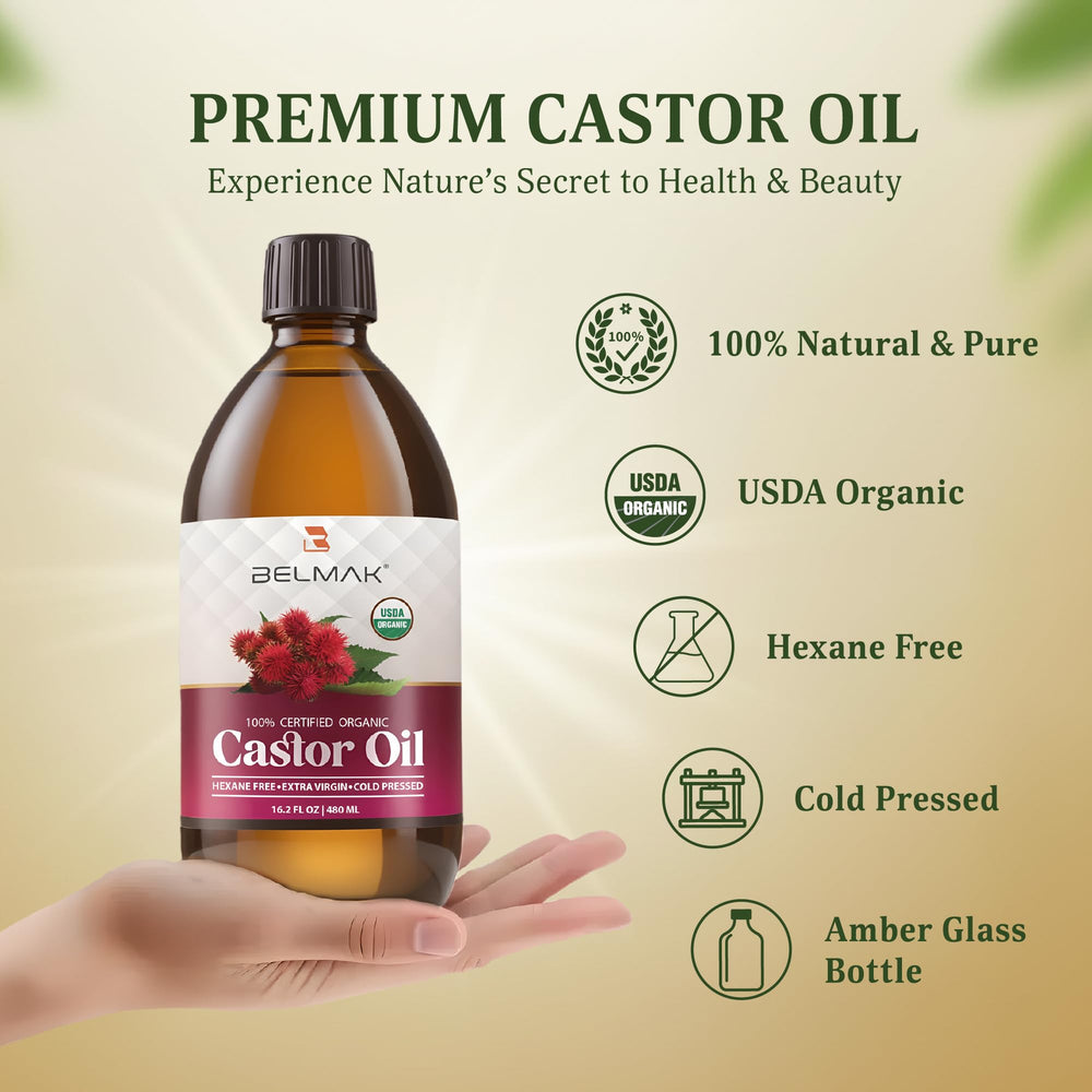 BELMAK castor oil hexane-free closeup highlighting cold-pressed purity and safety.