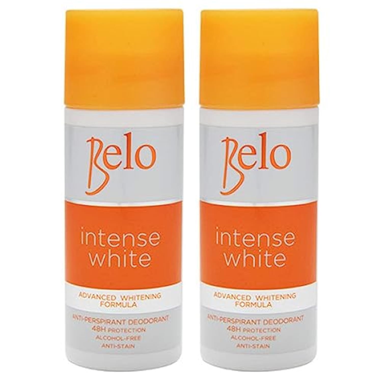 BELO Intense White Deodorant 2x40ml bottle provides long-lasting odor control.
