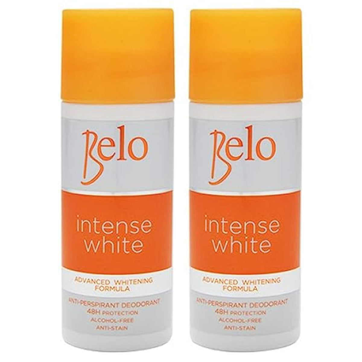 BELO Intense White Deodorant 2x40ml bottle provides long-lasting odor control.