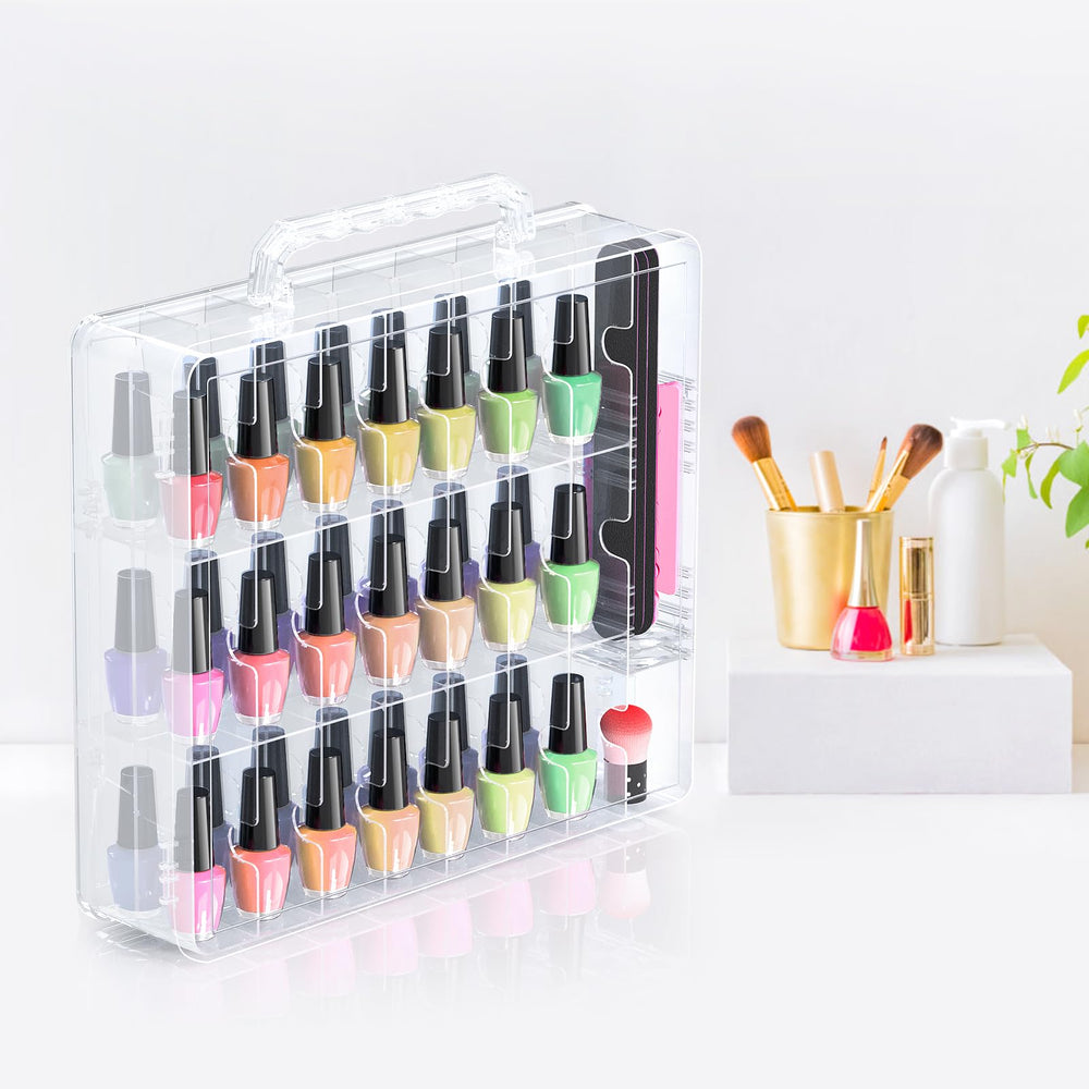 Beloving Nail Polish Organizer portable handle enables carrying to vanity, dorms, or travel.