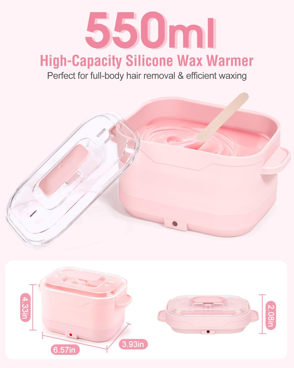 Beloving wax pot 550ml capacity pictured full of melted wax ready for multi-area waxing.