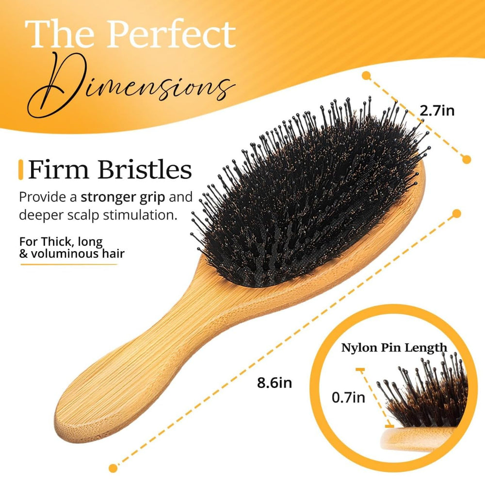 Belula Boar Bristle Brush using on long hair to reduce frizz and boost natural oils.