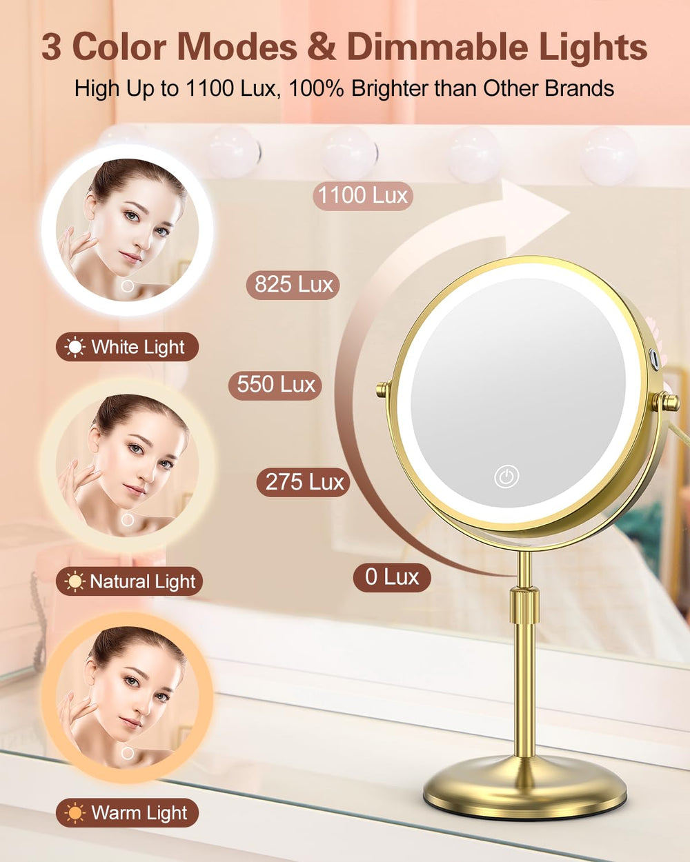 Benbilry lighted makeup mirror 360 swivel enables flexible viewing angles.