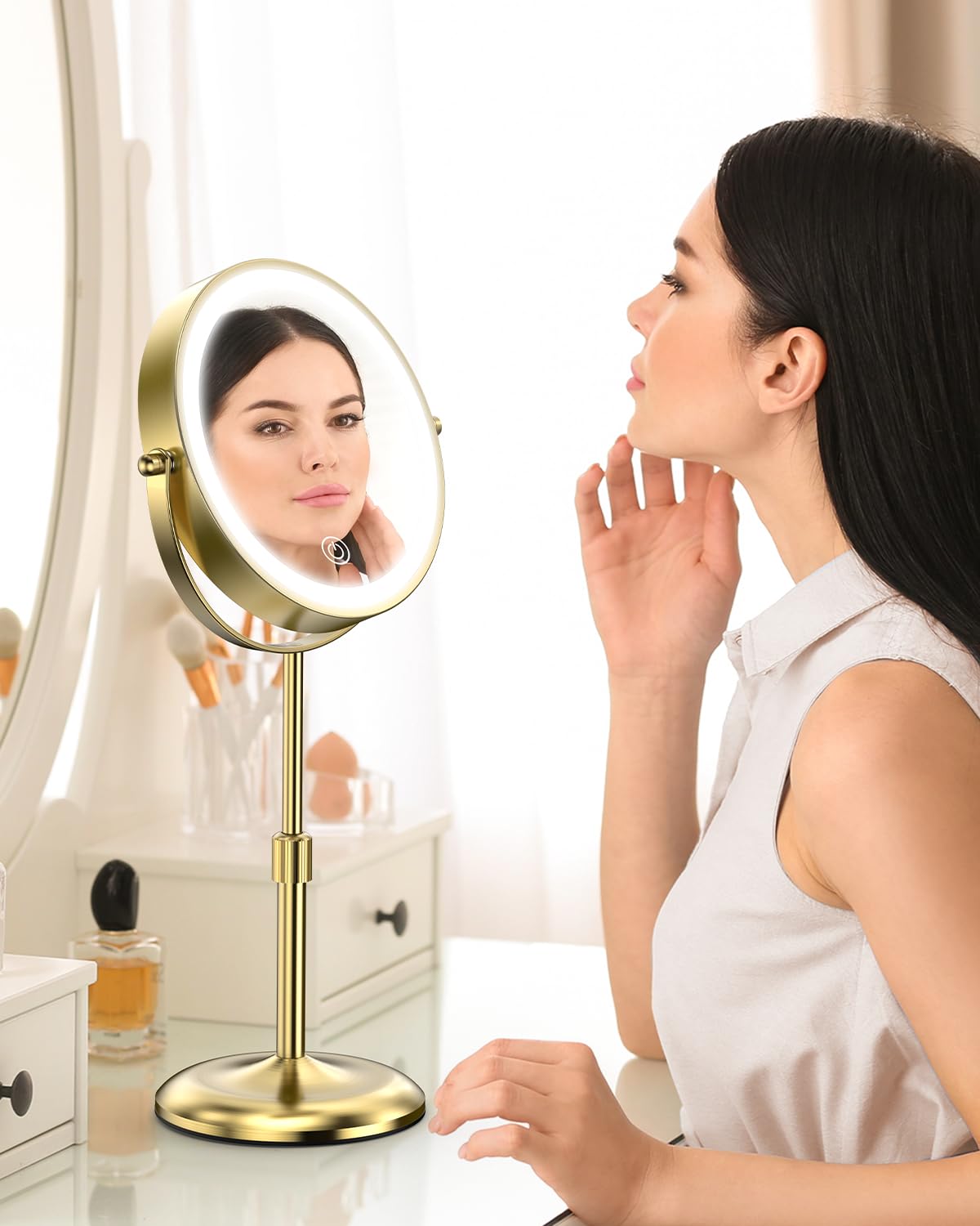 Benbilry lighted makeup mirror with 3 color lights supports day and night looks.