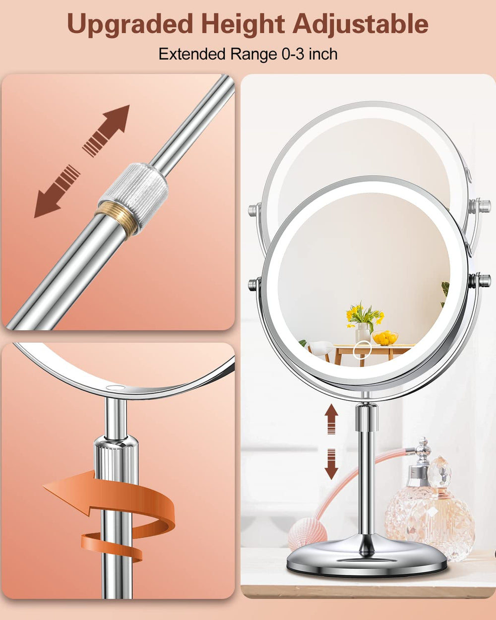 Benbilry lighted vanity mirror supports cordless operation and USB-C recharge.