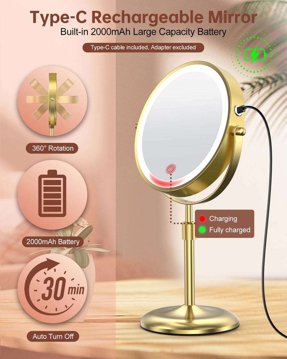 Benbilry lighted makeup mirror gold finish adds a luxe touch to vanity.