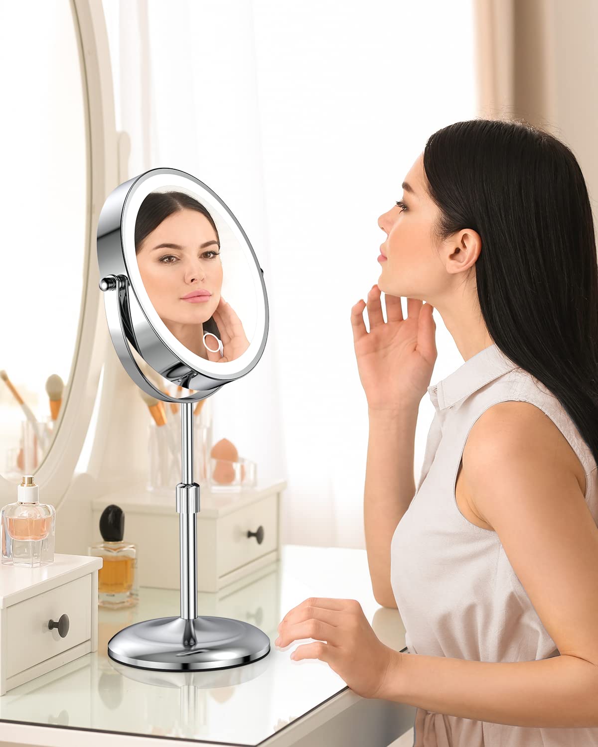 Benbilry makeup mirror with height adjustment for comfortable seating or standing use.