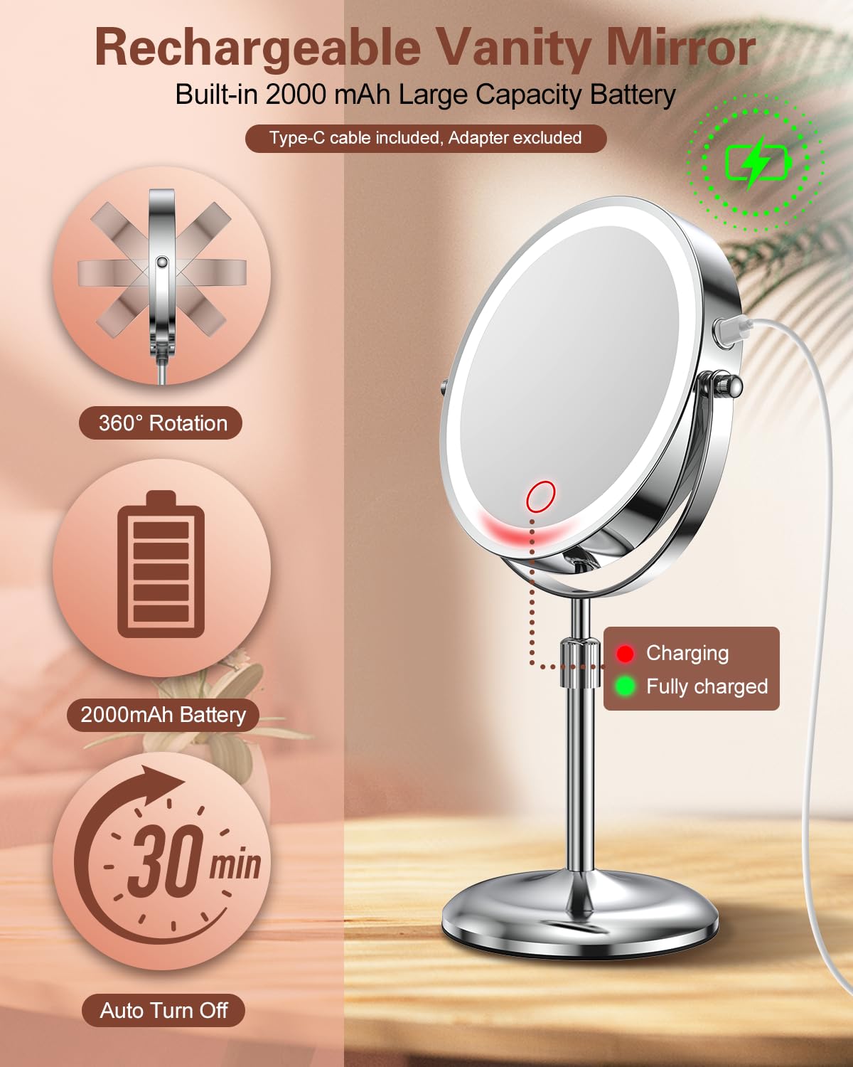 Benbilry rechargeable mirror with a 2000 mAh battery for cord-free use.