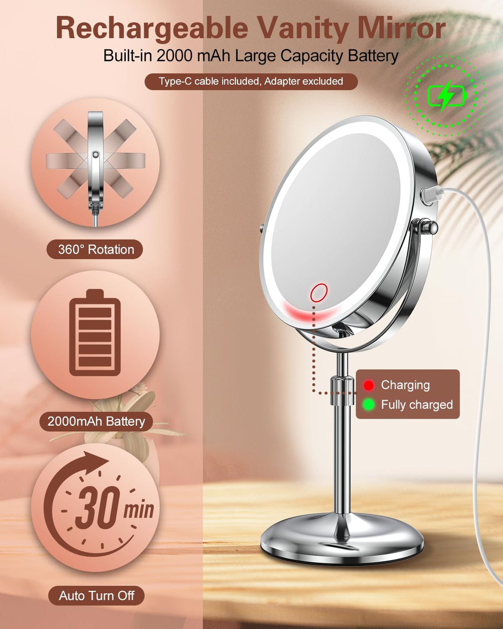 Benbilry rechargeable mirror with a 2000 mAh battery for cord-free use.