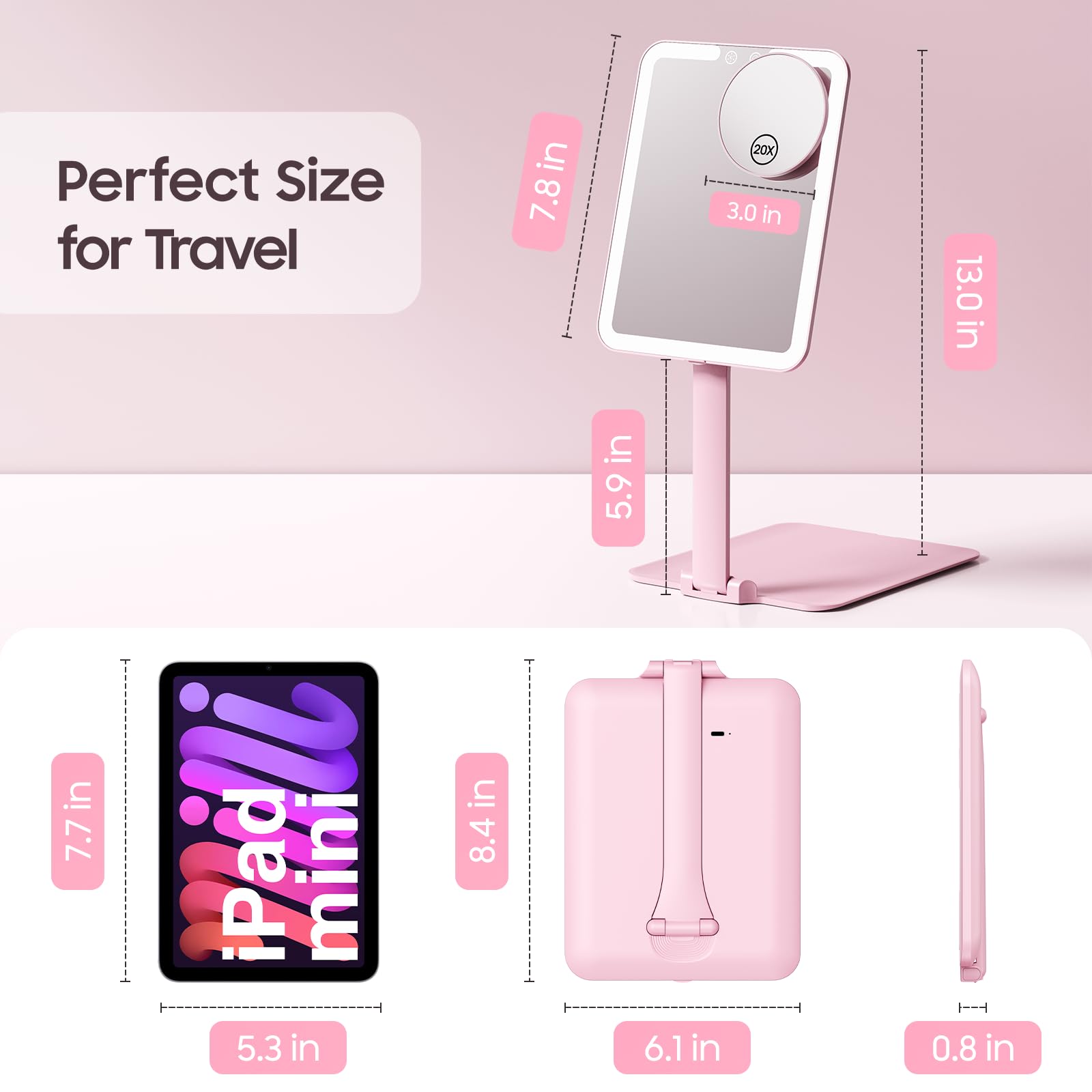 Benbilry travel mirror tilt-angle view shows adjustable setup for best makeup angles